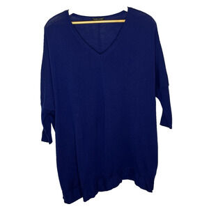 Women's Large Eileen Fisher V-Neck Cobalt 100% Merino Wool Half Sleeve Sweater